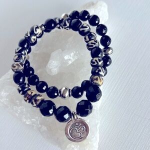 Yoga Ohm Black and Silver Beaded Bracelet. Stretch 6 1/2 inches Natural Gemstone